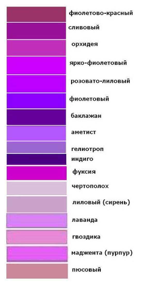 В чем заключается физическая причина различия цветов. Оттенки фиолетового. Оттенки фиолетового с названиями. Оттенки делового цевта. Название фиолетовых цветов и оттенков.